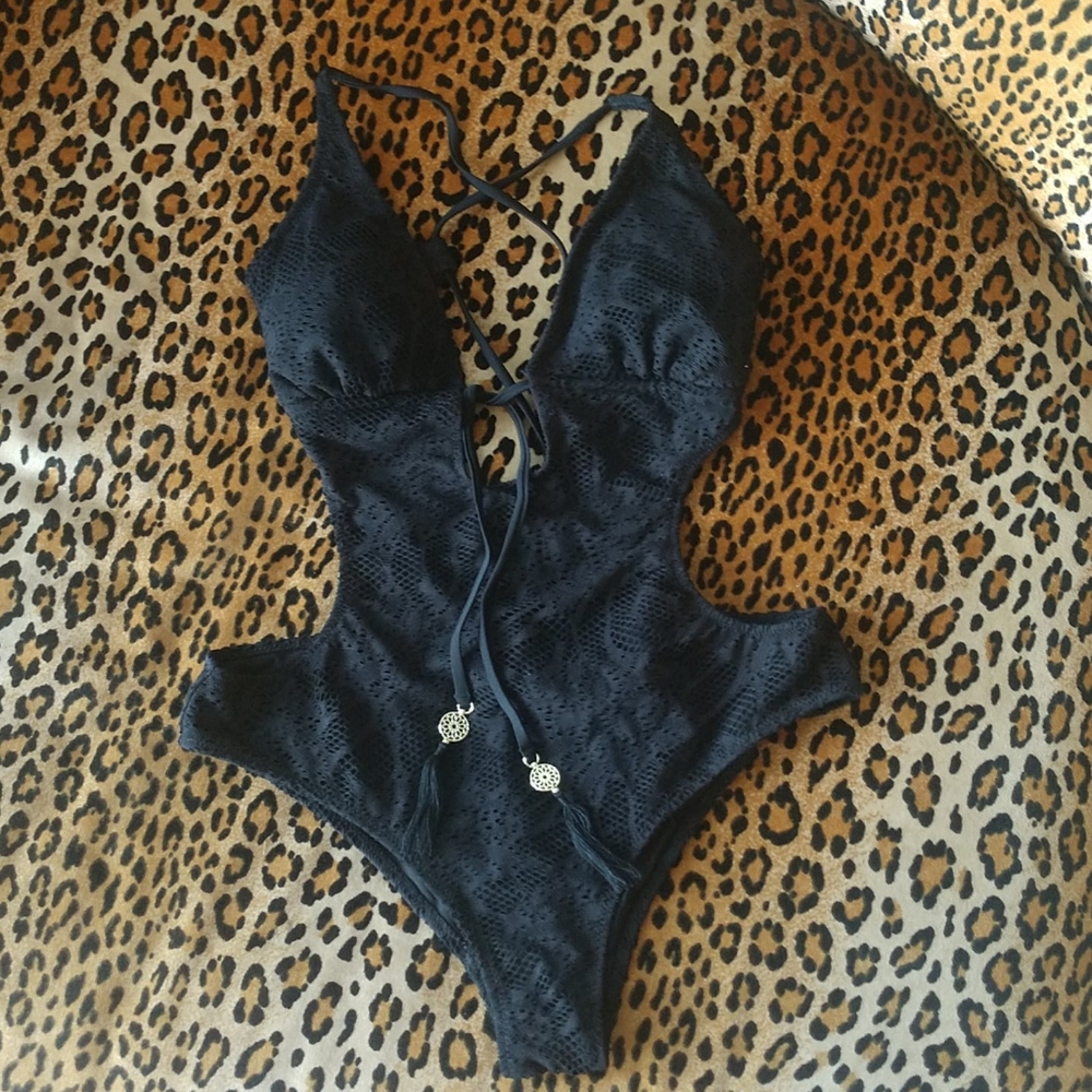 One piece black bathing suit